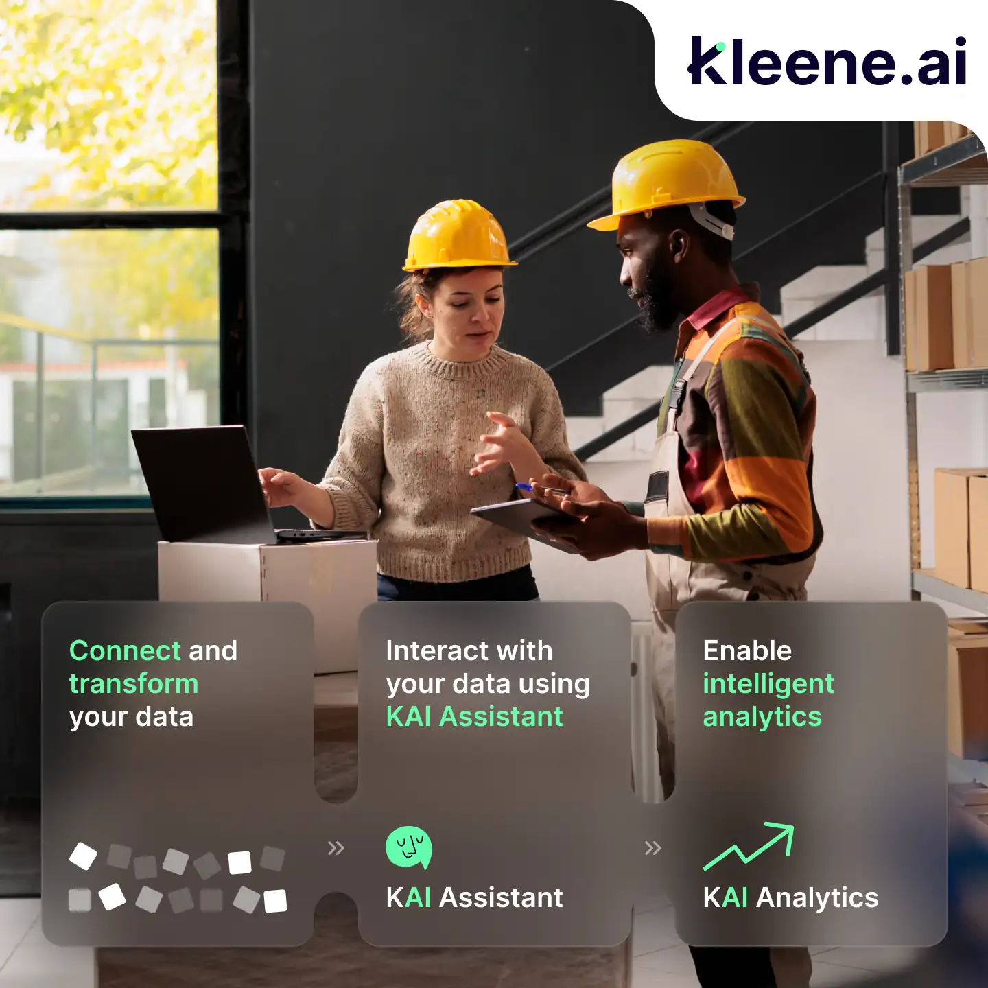 Construction workers discussing project on laptop with KAI software features displayed.