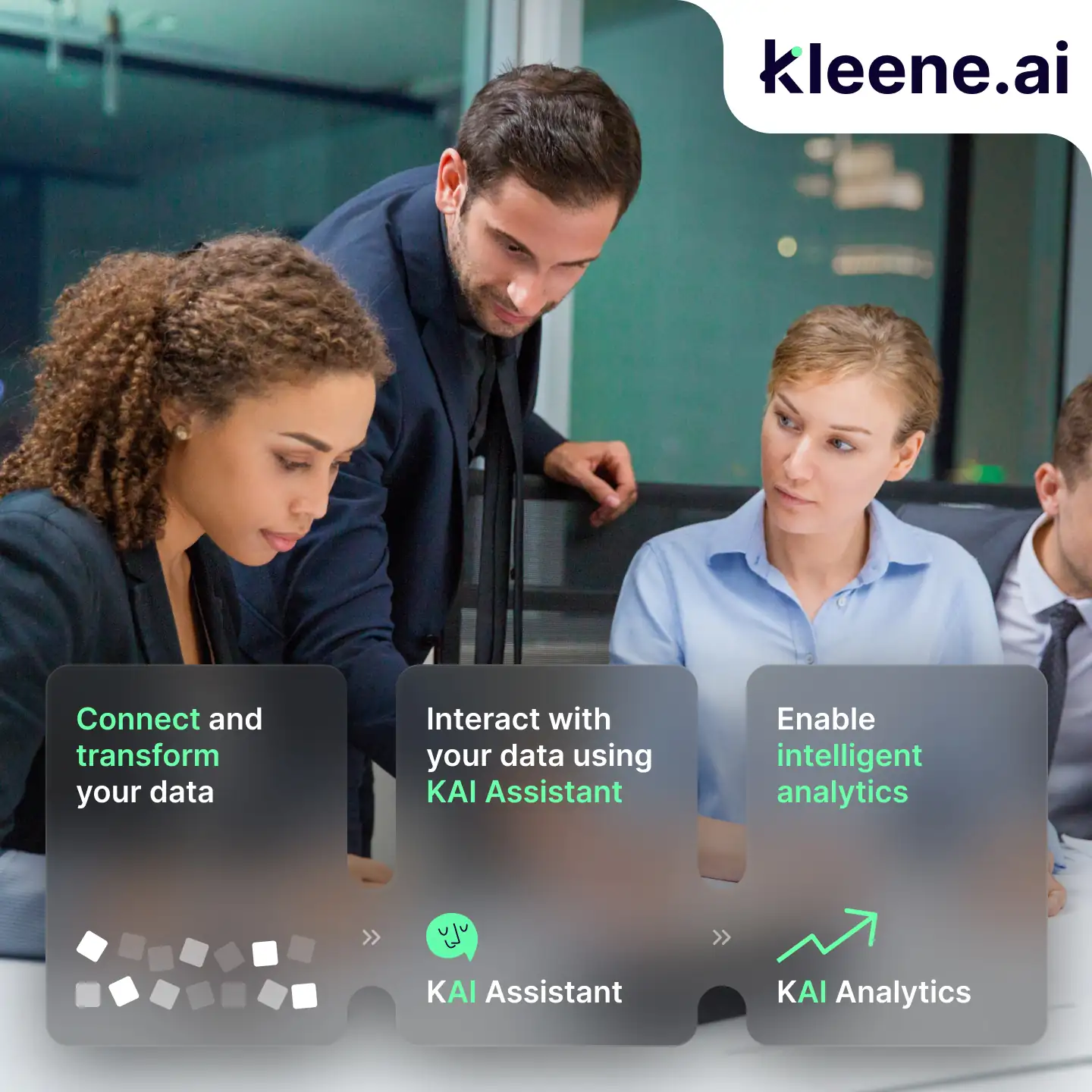 Business team collaborating at table with Kleene AI software features displayed.