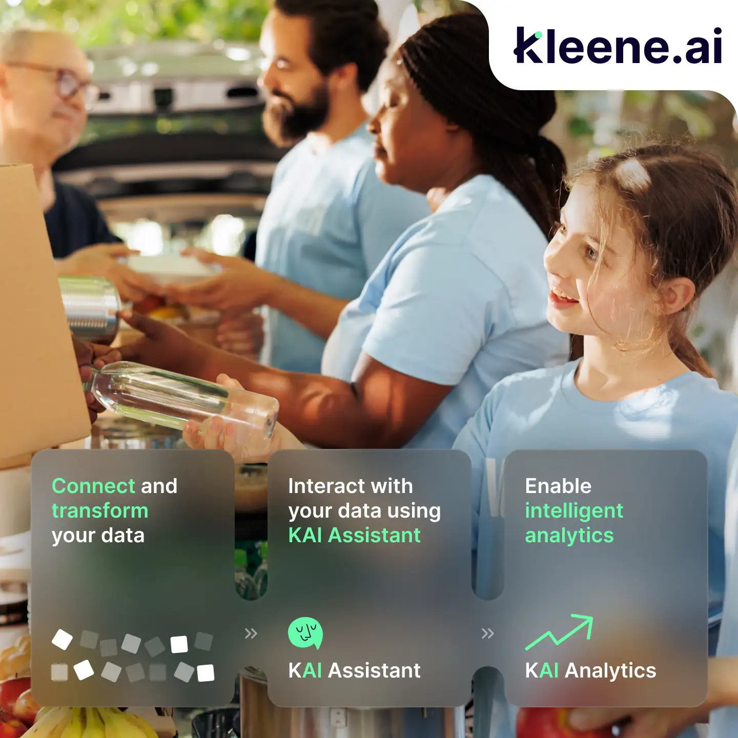 Diverse team outdoors collaborating with AI analytics and KAI Assistant technology tools displayed