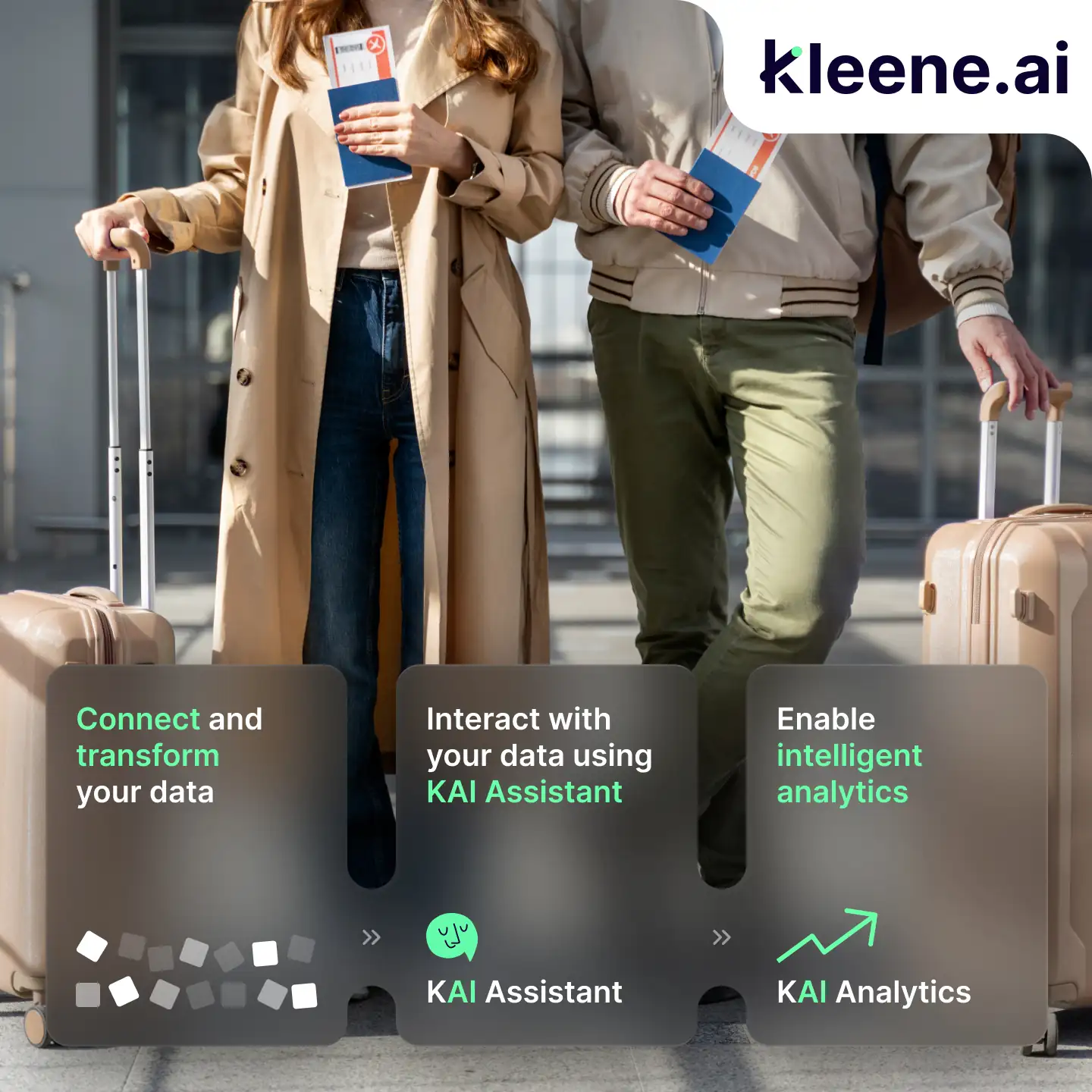 Two travelers holding passports with luggage showing Kleene AI data integration and analytics features.