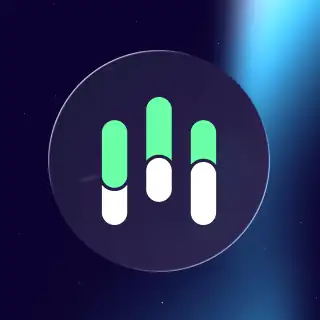 Three vertical bars with green and white segments on circular dark background with blue light.