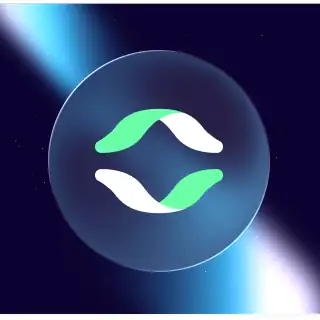 Glowing sphere with green and white curved arrow logo on dark blue space background
