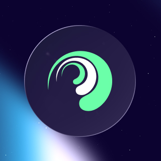 Green and white spiral logo on dark circular background with blue glow