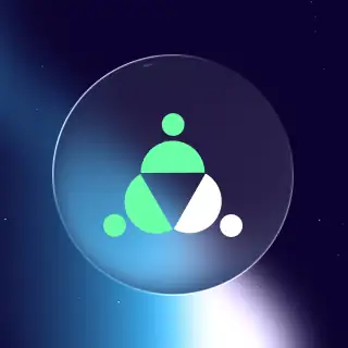 Abstract circular design with green geometric shapes and glowing blue background