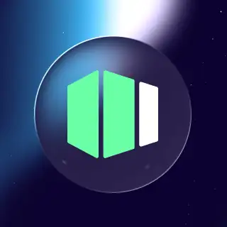 Green and white 3D geometric shape icon on dark spherical background with light rays