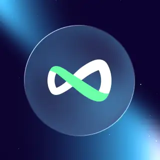 Green and white infinity symbol in frosted glass sphere on blue background