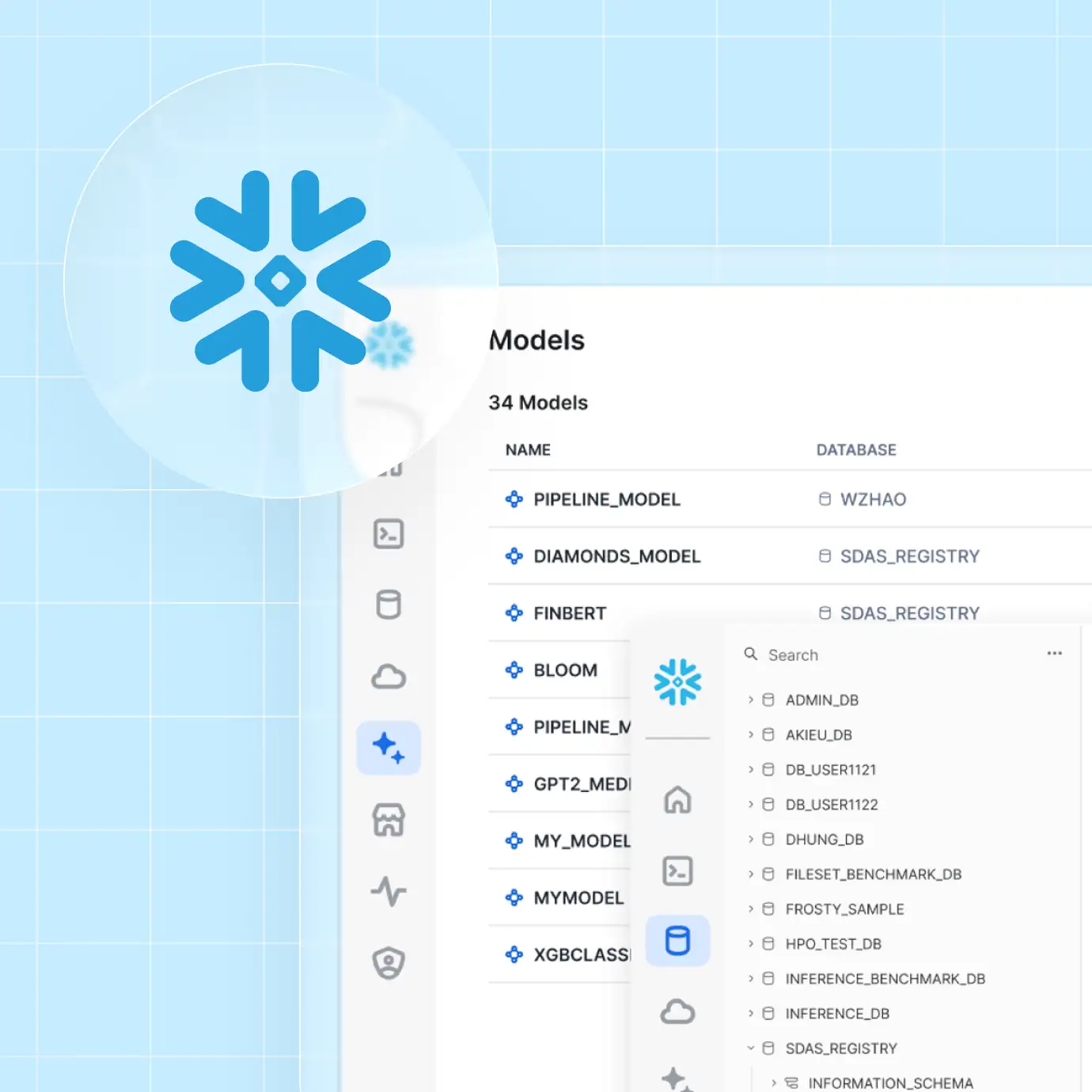 Database management interface showing 34 models with snowflake logo and navigation sidebar