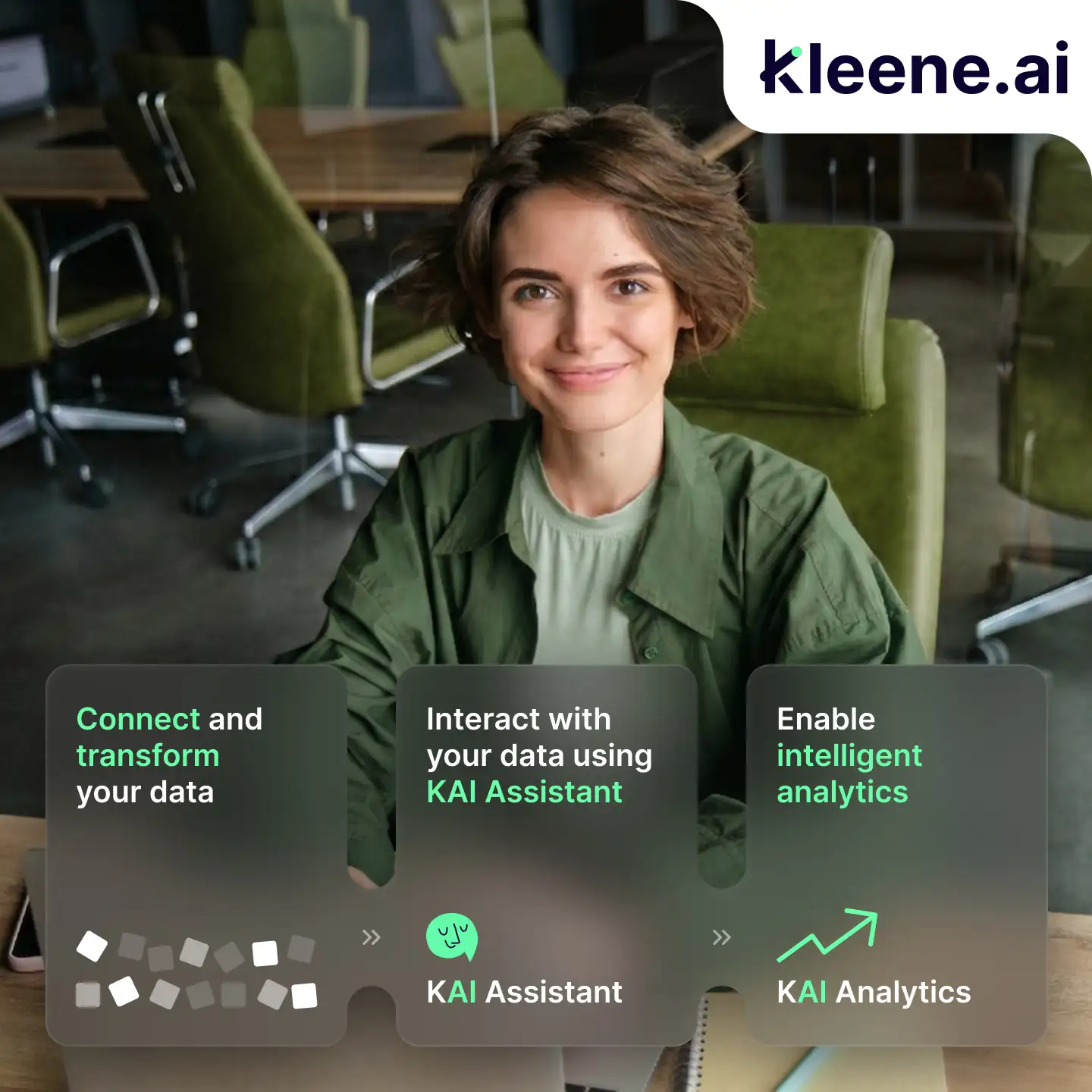 Young person in office chair wearing green jacket, smiling at camera with Kleene.ai product features displayed.