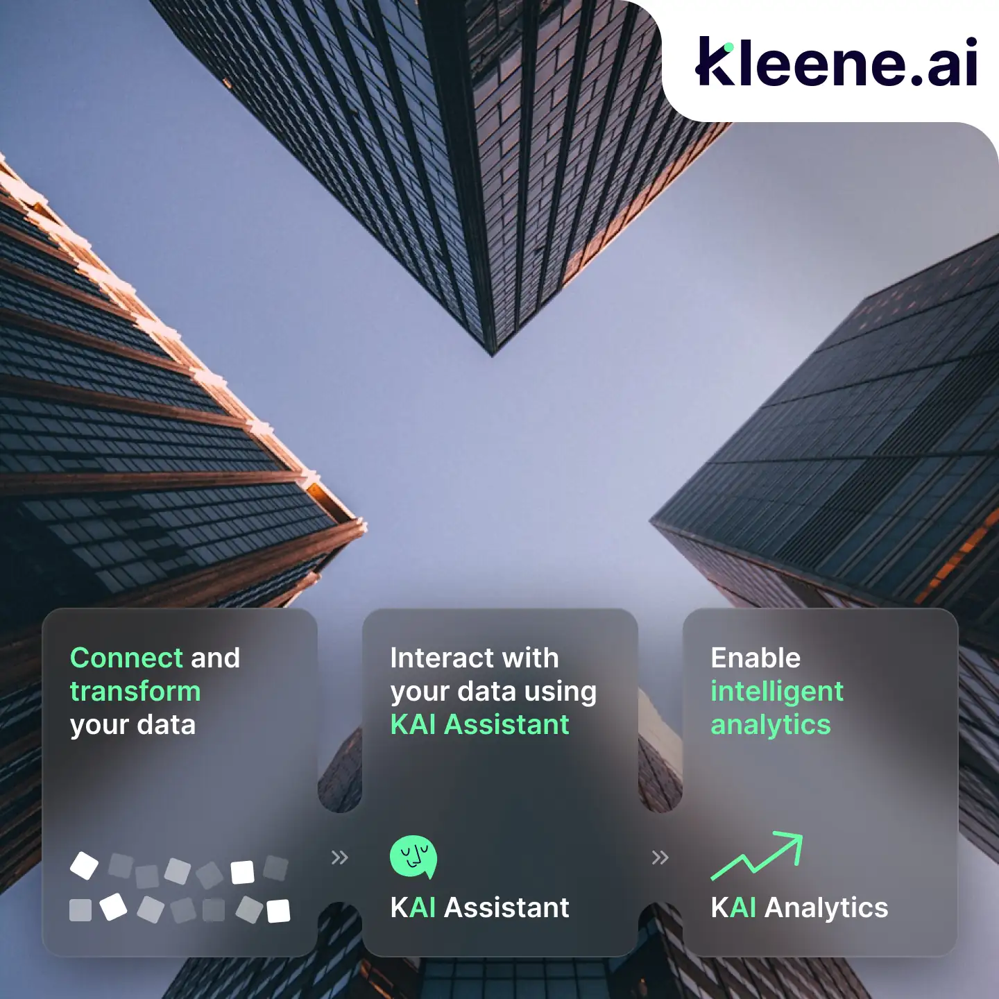 Kleene.ai platform features displayed over upward-angled modern skyscrapers with data transformation and analytics options