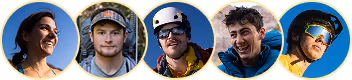 Five young adults wearing outdoor gear and helmets, smiling and looking happy in circular frames against a dark background.