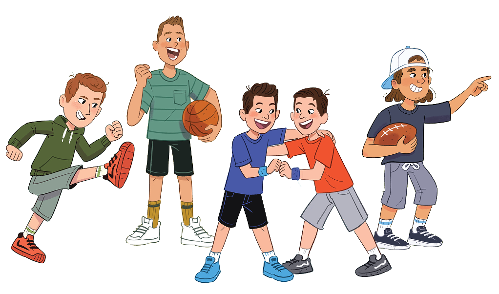 Five animated boys playing sports, including kicking a soccer ball, holding a basketball, fist bumping, and holding a football while pointing.