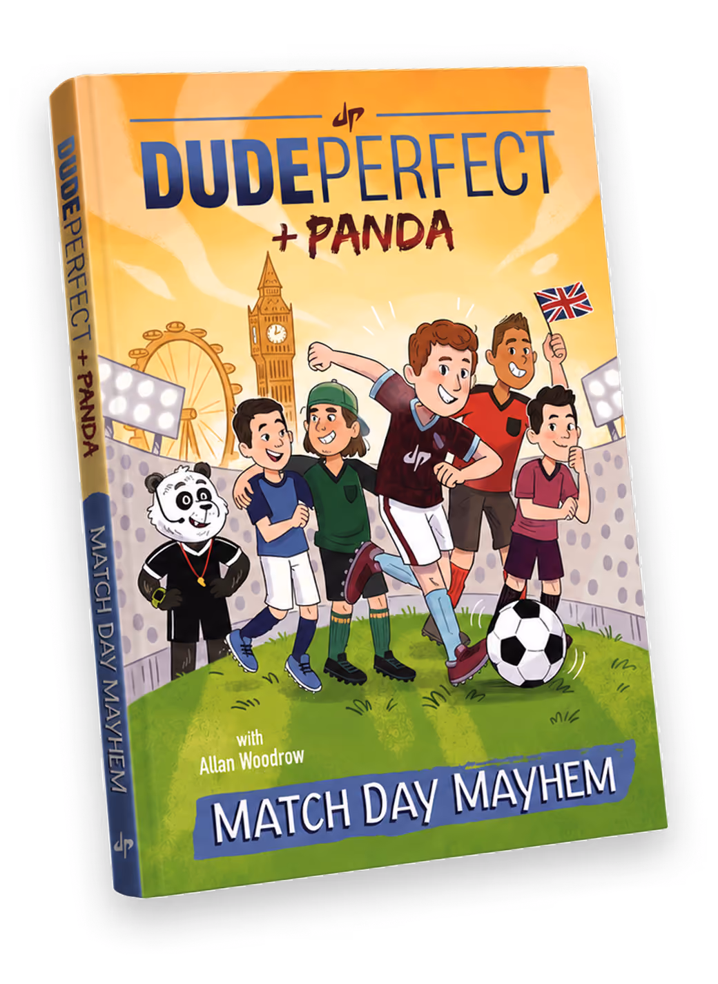 Book cover of Dude Perfect + Panda Match Day Mayhem with cartoon kids, panda, and London landmarks.