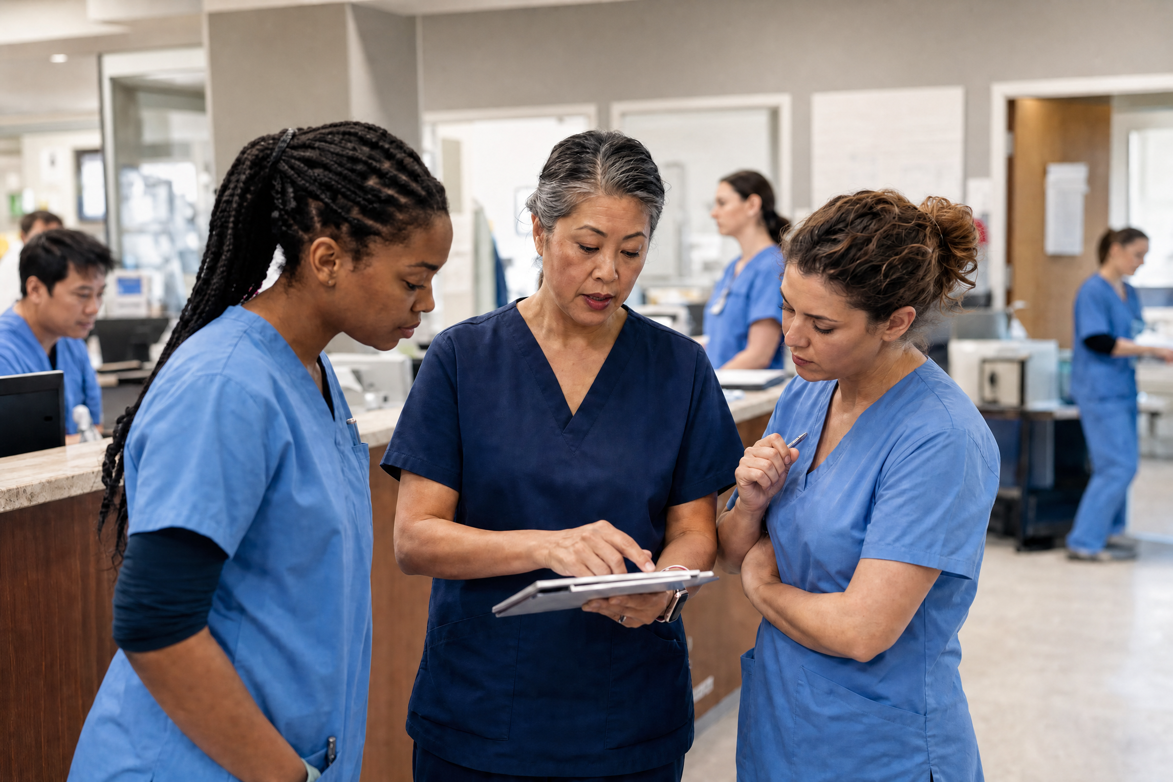 Nurse manager reviews a staffing plan with two nurses at a hospital station.