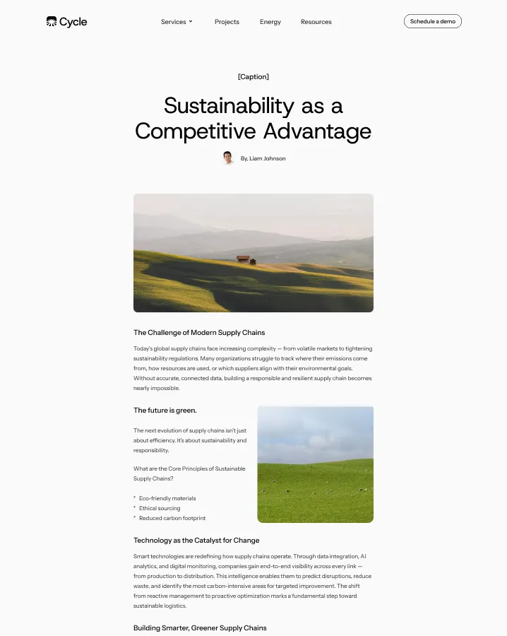 Webpage titled 'Sustainability as a Competitive Advantage' by Liam Johnson with images of green rolling hills and text about supply chain sustainability.