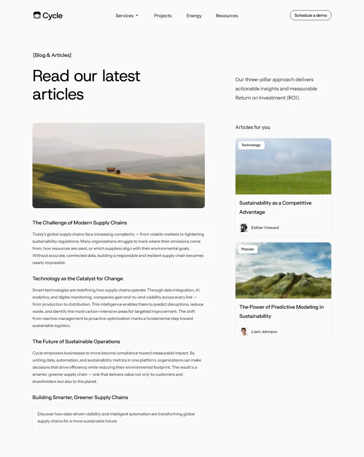 Webpage titled 'Read our latest articles' with sections on supply chain challenges, technology as catalyst, sustainable operations, and smarter supply chains, featuring landscape images and article previews.