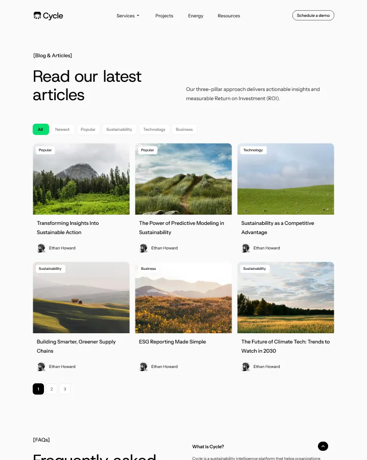 Blog page titled 'Read our latest articles' with article previews on sustainability, technology, and business, each showing a related landscape image and author Ethan Howard.