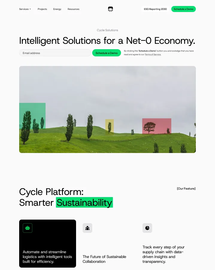 Website landing page for Cycle Solutions featuring a green hilly landscape with scattered trees under a cloudy sky, highlighting intelligent solutions for a net-zero economy and emphasizing smarter sustainability with automation, collaboration, and supply chain tracking tools.
