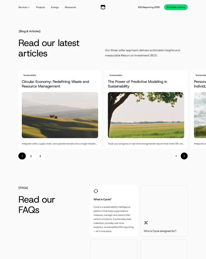 Website section showing latest sustainability articles with images of landscapes and a FAQ section about Cycle sustainability intelligence platform.
