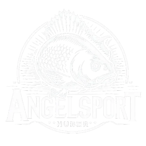 Logo mit einem gezeichneten Fisch im Kreis und dem Text 'Angelsport Huber' darunter.