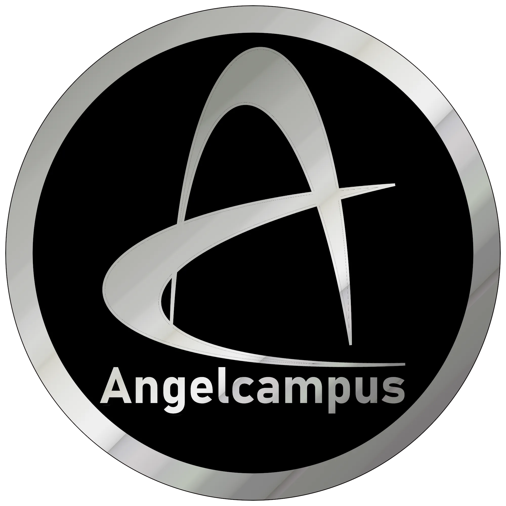 Silbernes Angelcampus-Logo auf schwarzem Hintergrund mit rundem silbernen Rand.