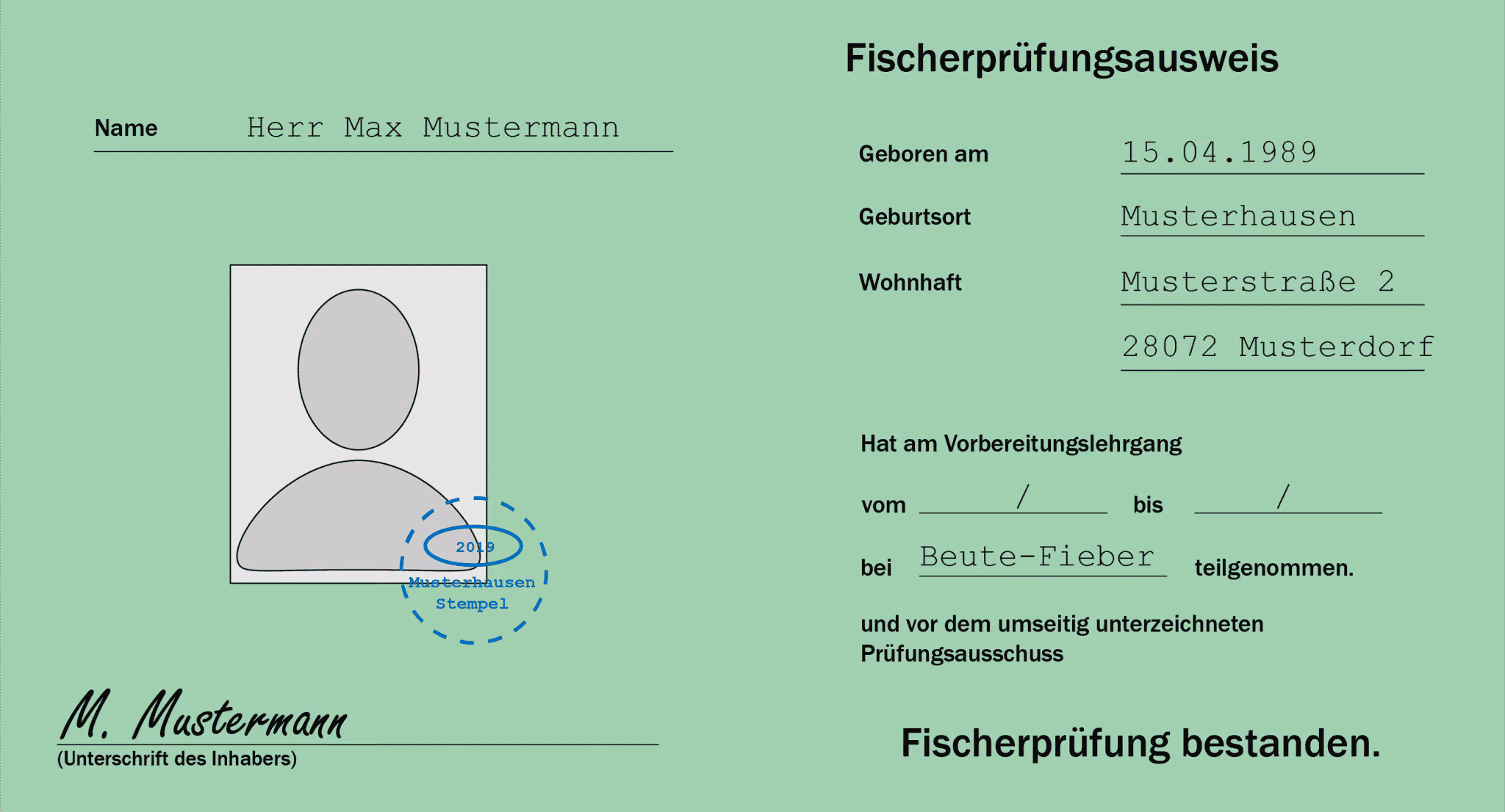 Musterzeugnis über die bestandene Fischerprüfung in Bayern