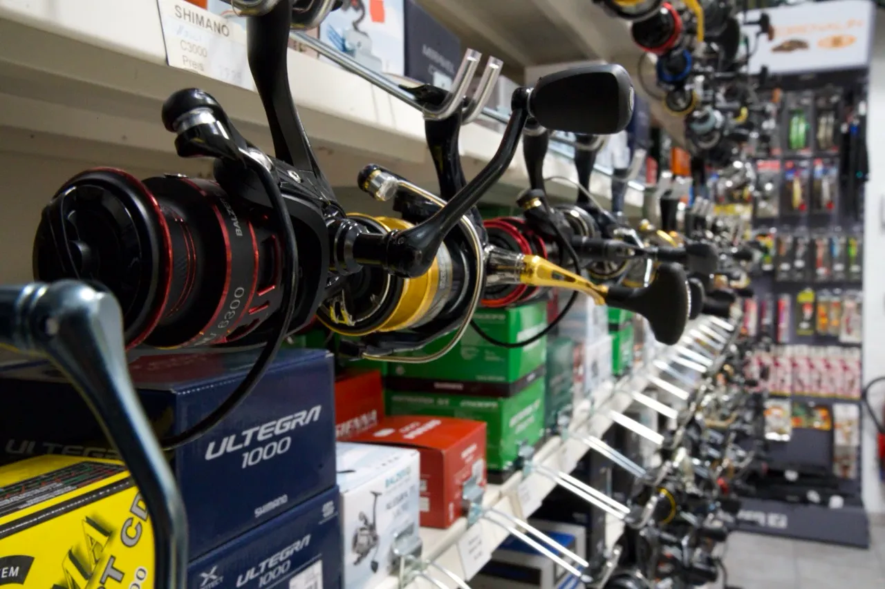 Reihe von Angelrollen verschiedener Marken und Modelle in einem Angelgeschäft.