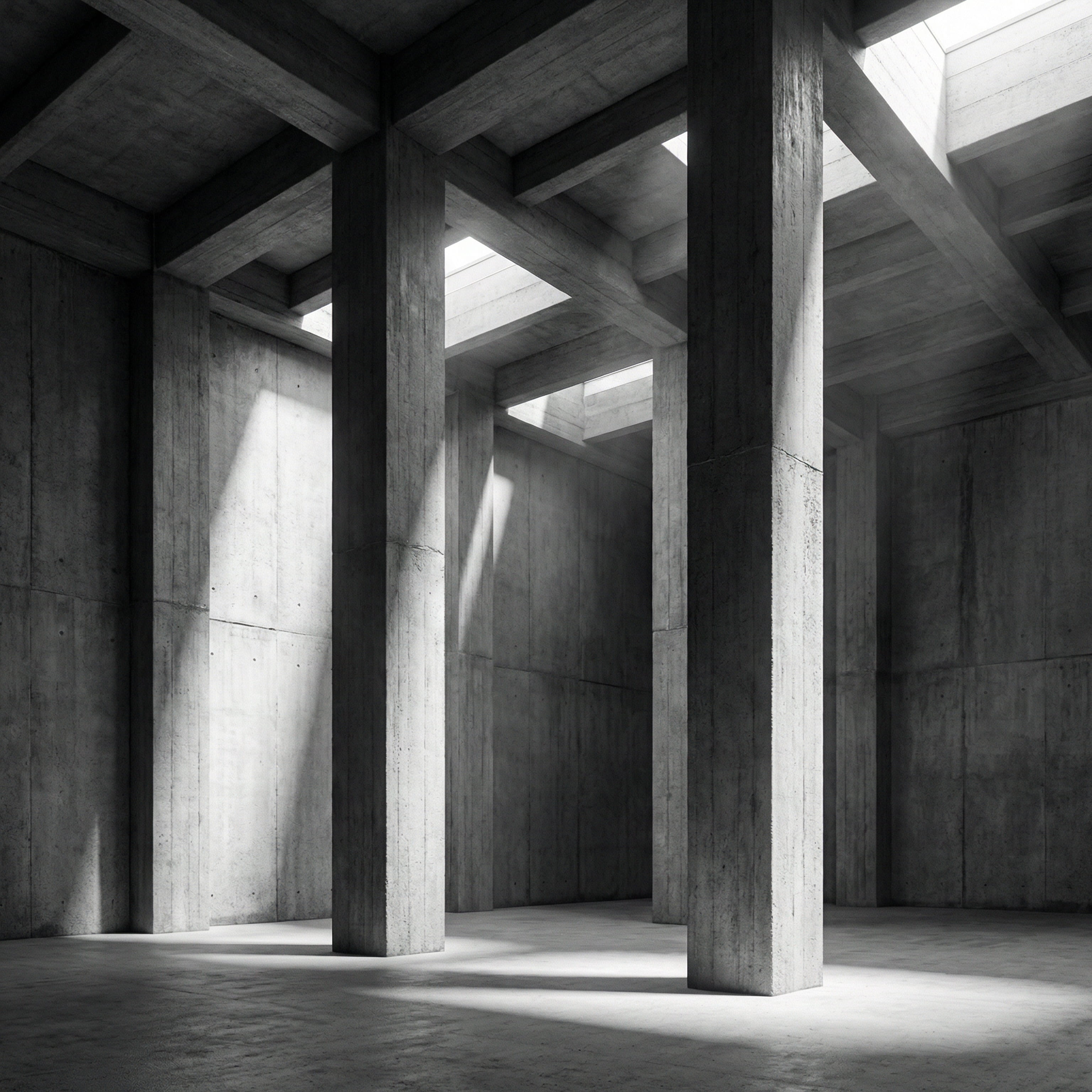 Interior of a large concrete space with thick pillars and beams illuminated by natural light from ceiling openings.