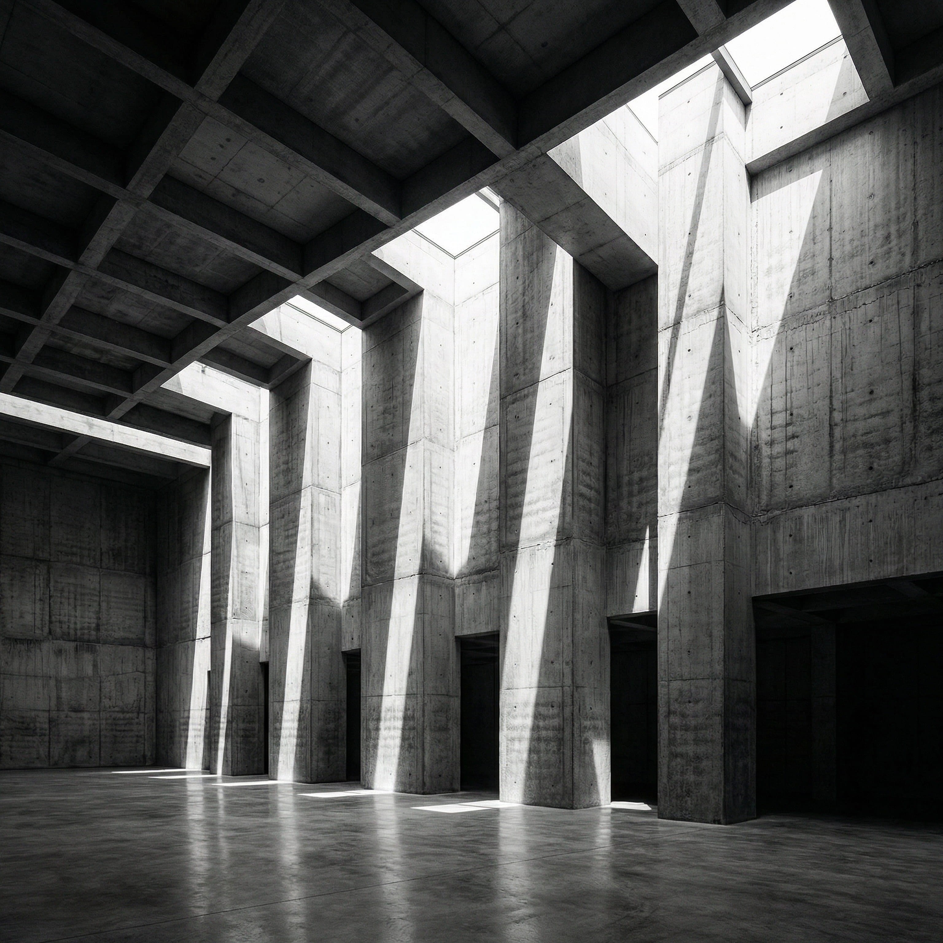 Spacious modern interior with tall concrete walls and ceiling beams illuminated by sunlight through rectangular skylights.