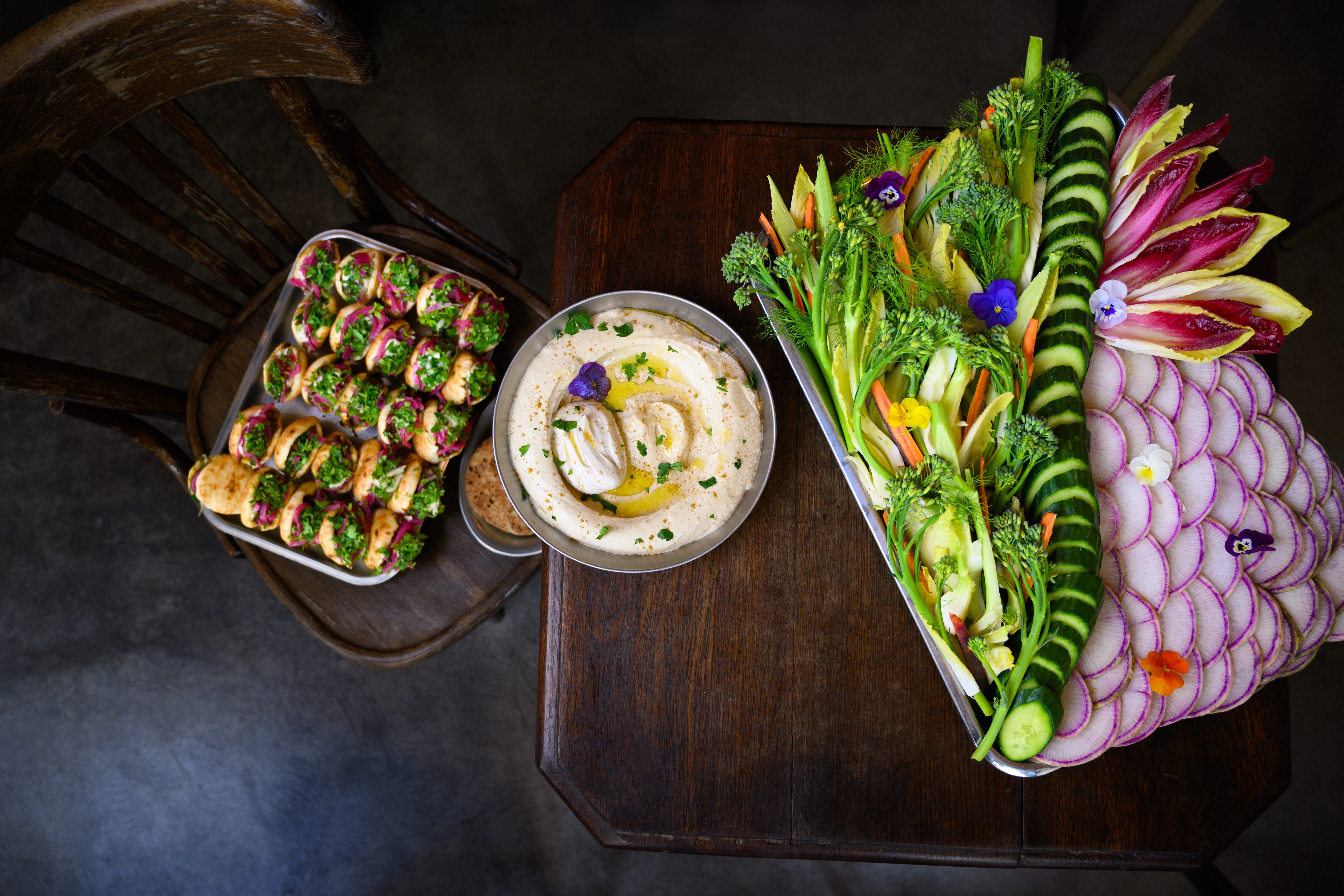 A colorful restaurant spread photographed from above