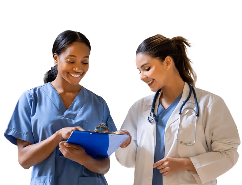 Female doctor in white lab coat holding folders and a tablet, smiling and looking to the side.