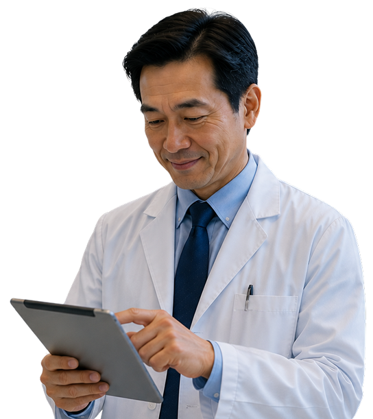 Female doctor in white lab coat holding folders and a tablet, smiling and looking to the side.