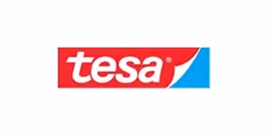 Tesa logo with white text on a red and blue background.