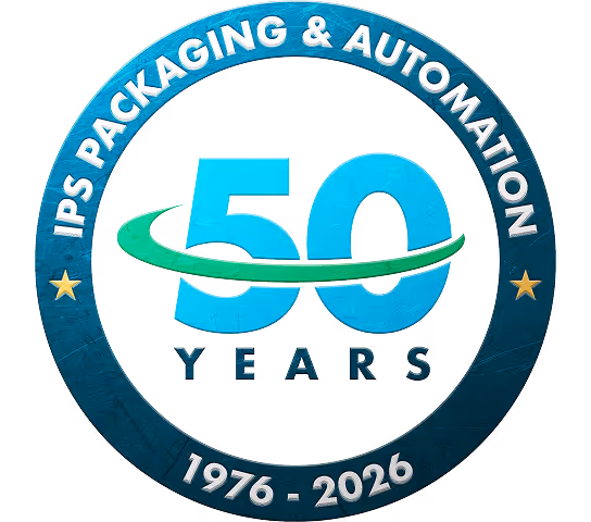 Blue circular badge celebrating 50 years of IPS Packaging & Automation from 1976 to 2026 with a green swoosh across the number 50.