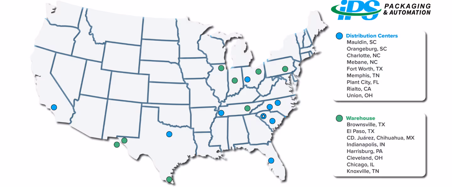 Map of the United States showing IDS Packaging & Automation distribution centers marked with blue dots and warehouses marked with green dots.