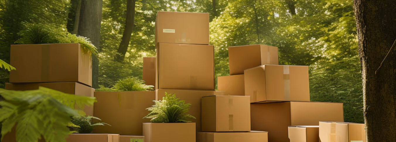 Stacked brown cardboard boxes in a forest setting with ferns growing inside some boxes.