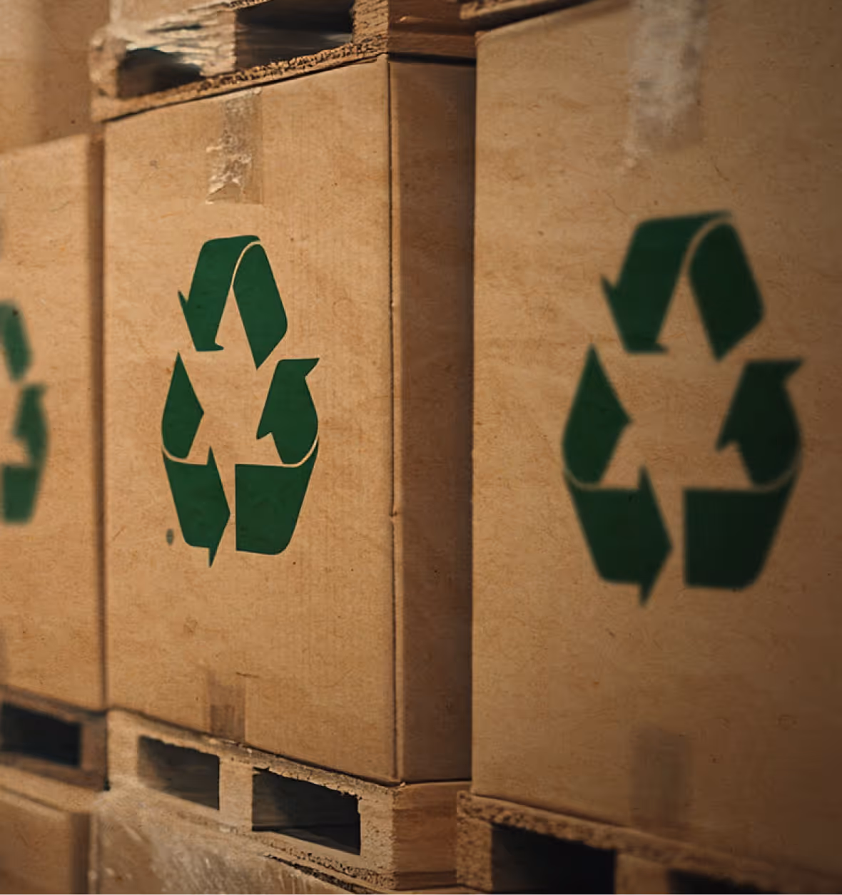 Stack of cardboard boxes on wooden pallets with green recycling symbols printed on them.