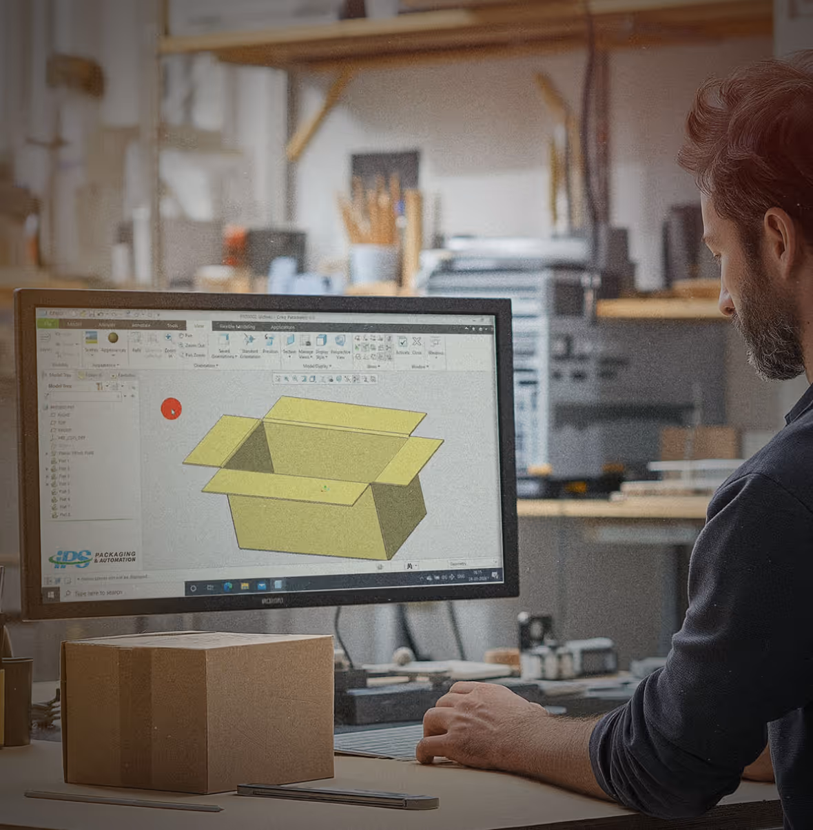Man working on computer-aided design for a yellow open cardboard box, with a physical cardboard box on the desk.