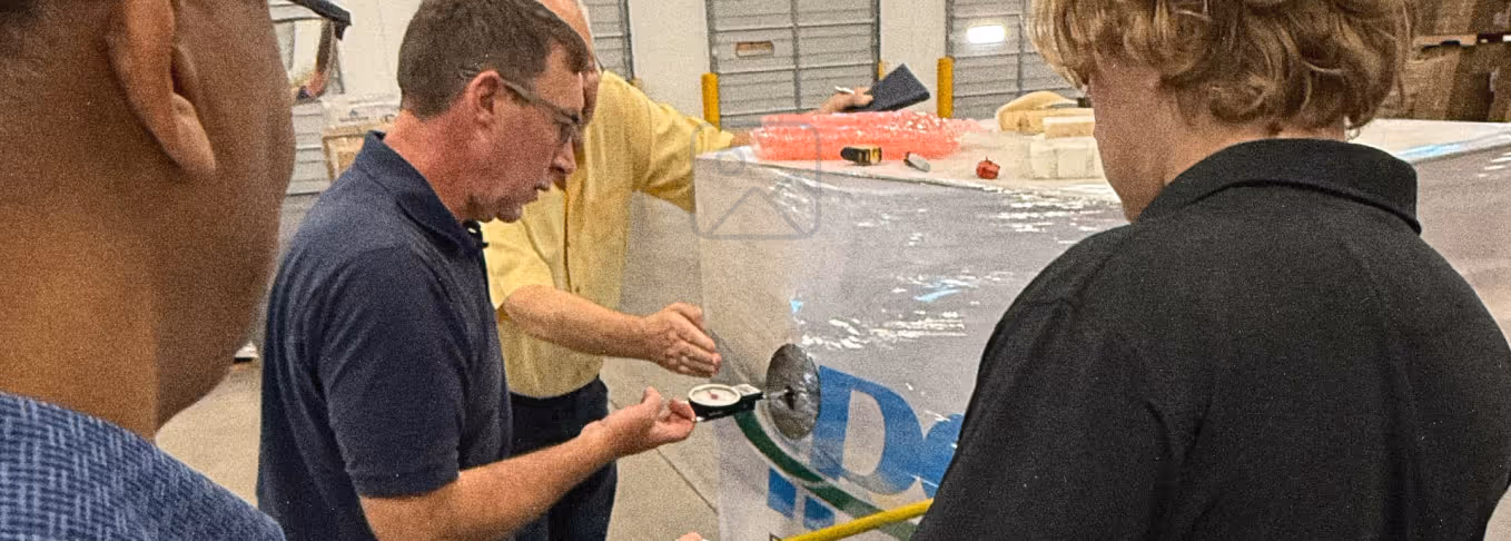 Four men inspecting and measuring a metal valve on wrapped industrial cargo in a warehouse.