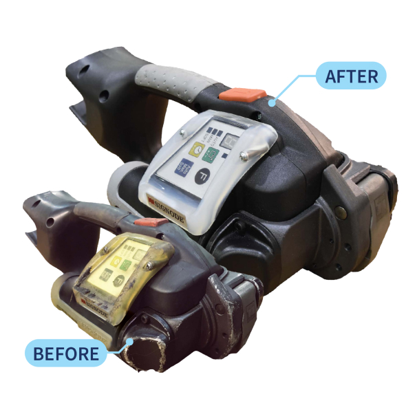 Side-by-side view of a worn and a refurbished electric tool, labeled 'BEFORE' and 'AFTER' showing clear restoration.