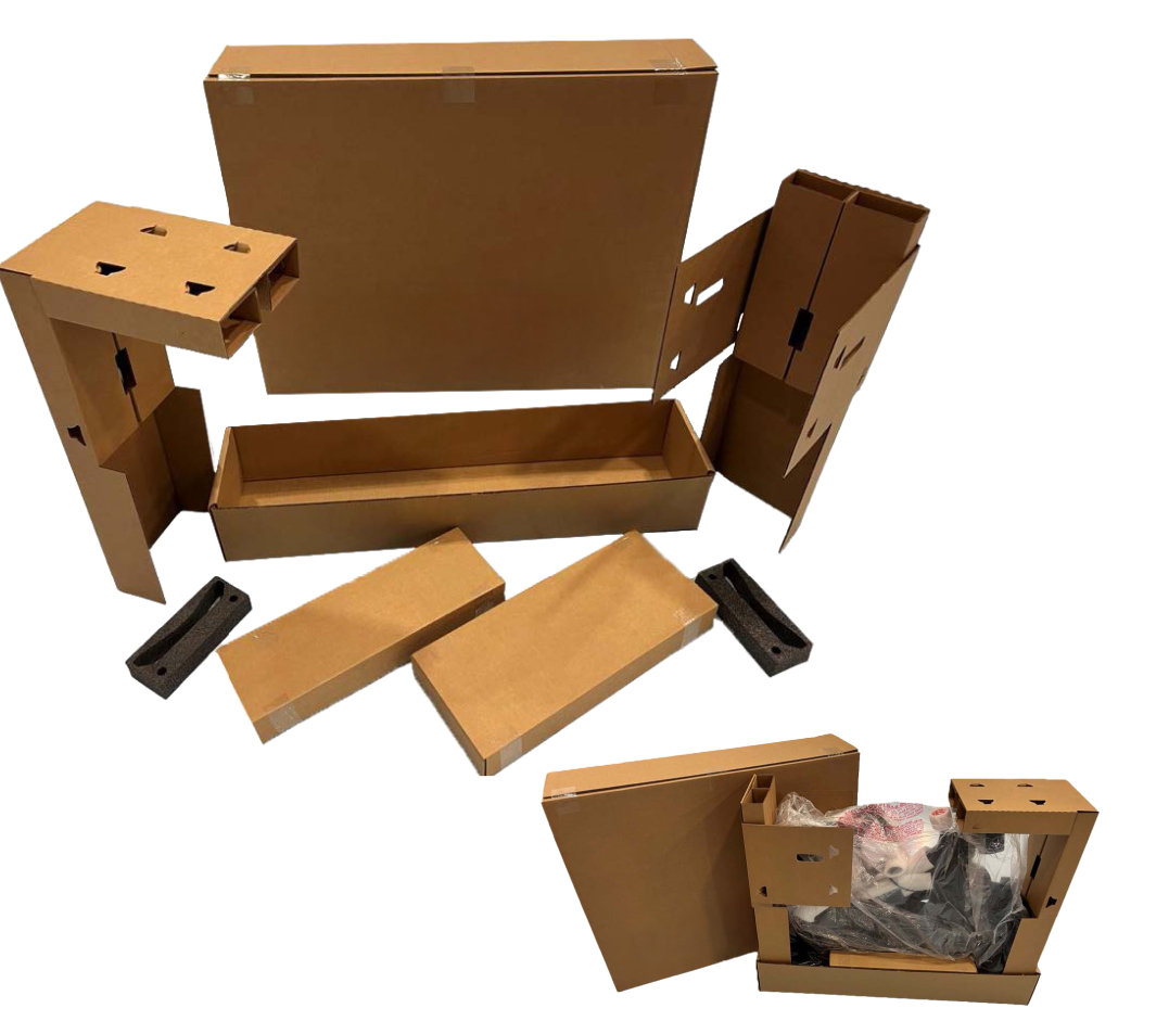 Disassembled brown cardboard packaging with foam inserts, including an inset showing the packaging containing a wrapped product.