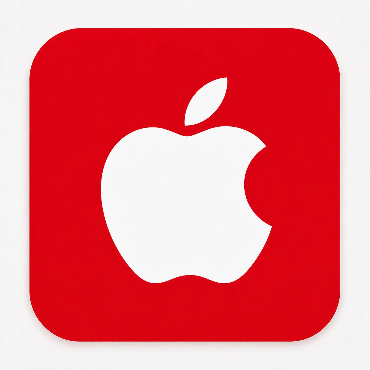 White Apple logo with a bite on a red rounded square background.