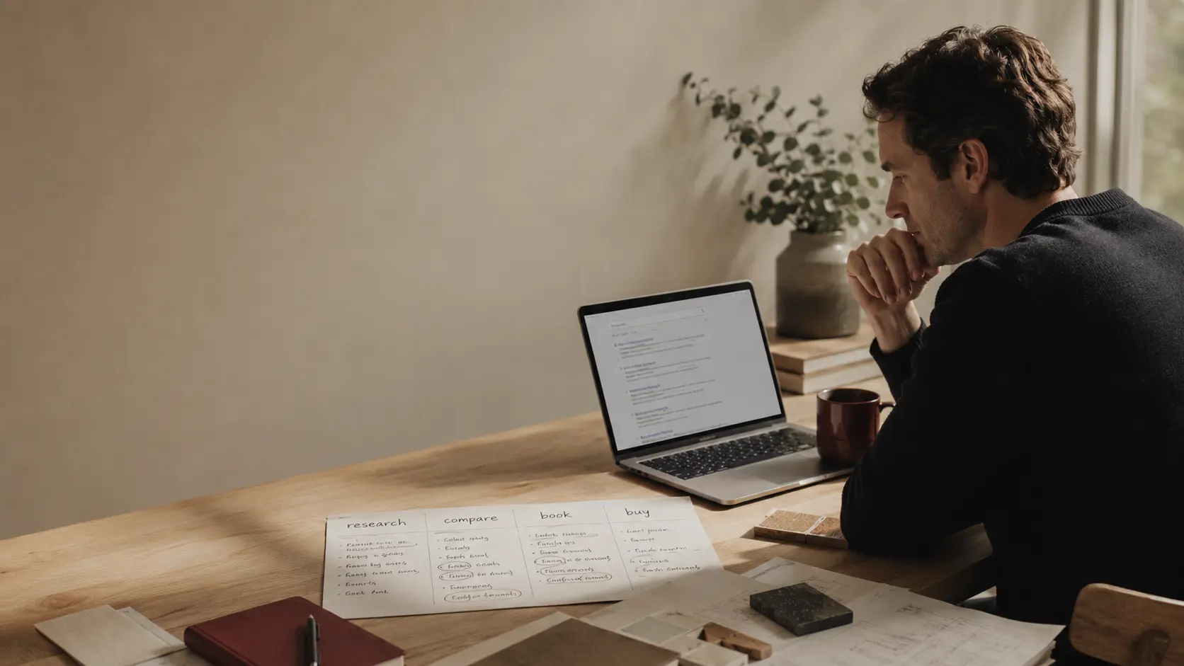 Man in black sweater concentrating on a laptop on a wooden desk with papers and notes.