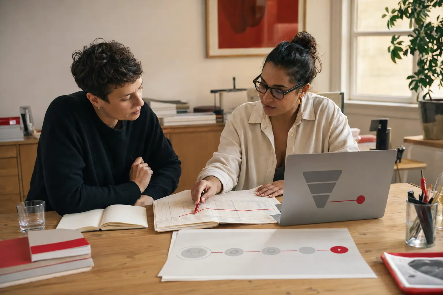 Analyst showing a client how advertising activity connects to sales and commercial outcomes.