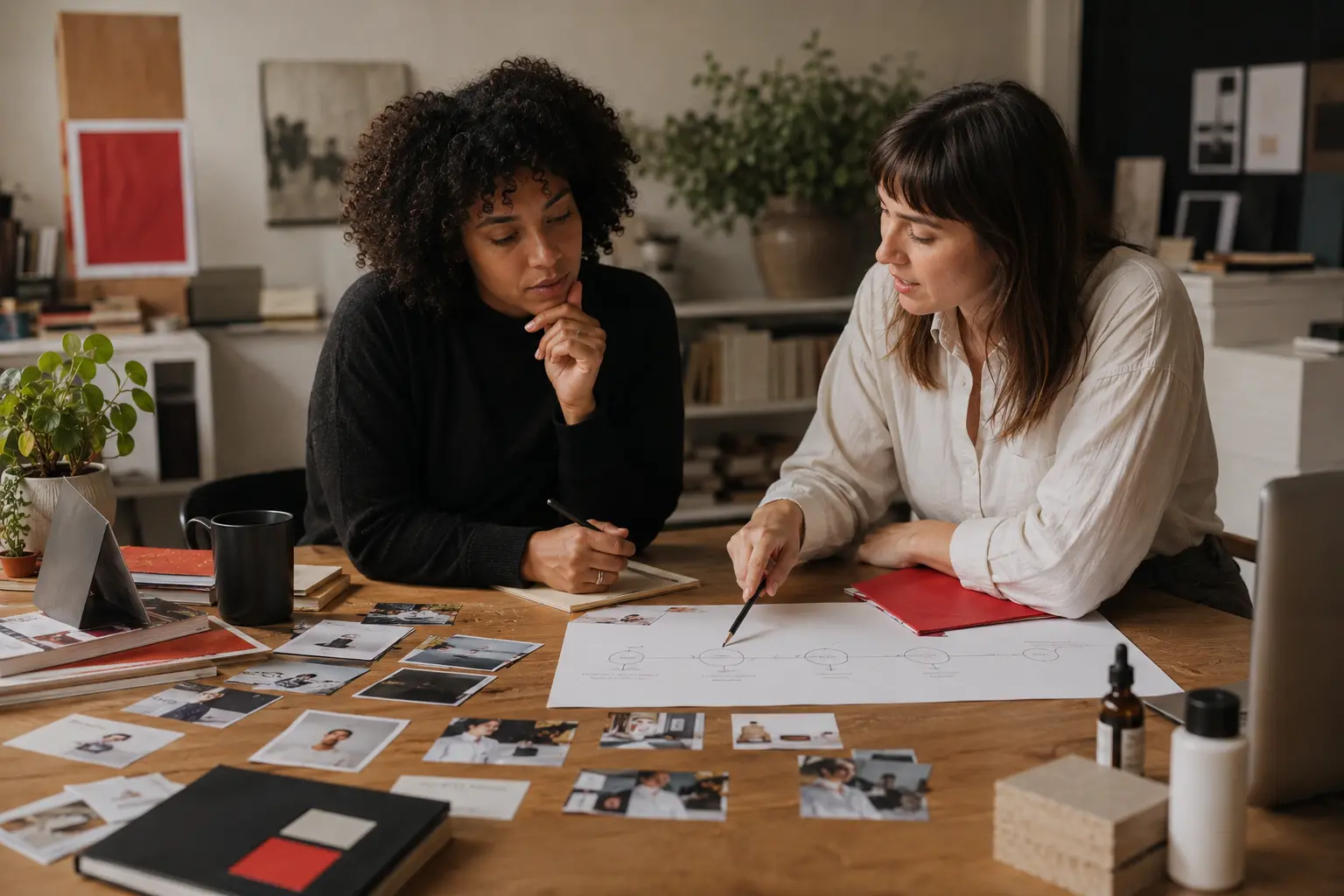 Strategist and client mapping paid-social audiences and customer journeys during a workshop.