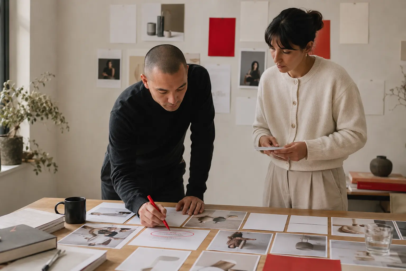 Creative team reviewing printed message and visual directions for a paid-social campaign.