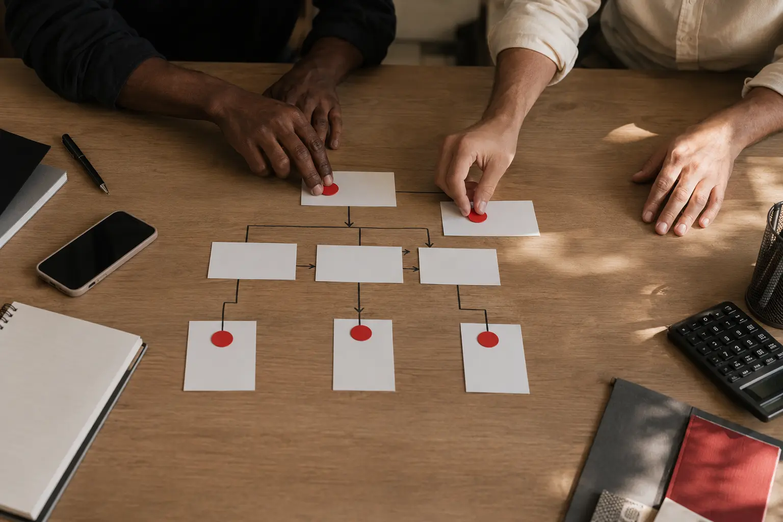 Hands arranging a paid-social campaign funnel with blank cards, arrows and red markers.