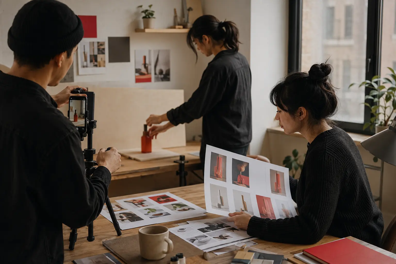 Production team filming product content and reviewing paid-social creative variations.