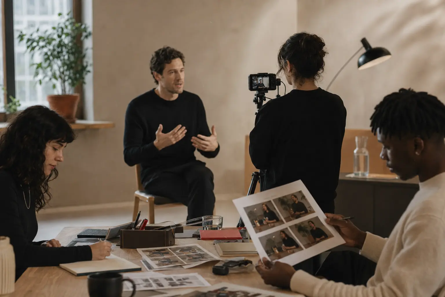Production team filming a B2B expert and reviewing LinkedIn content variations.