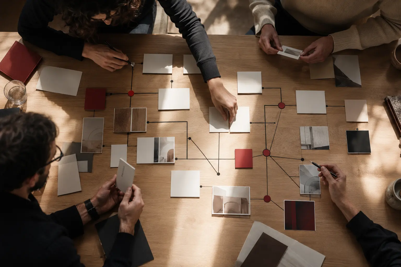Hands arranging a LinkedIn campaign journey from awareness through sales handoff.