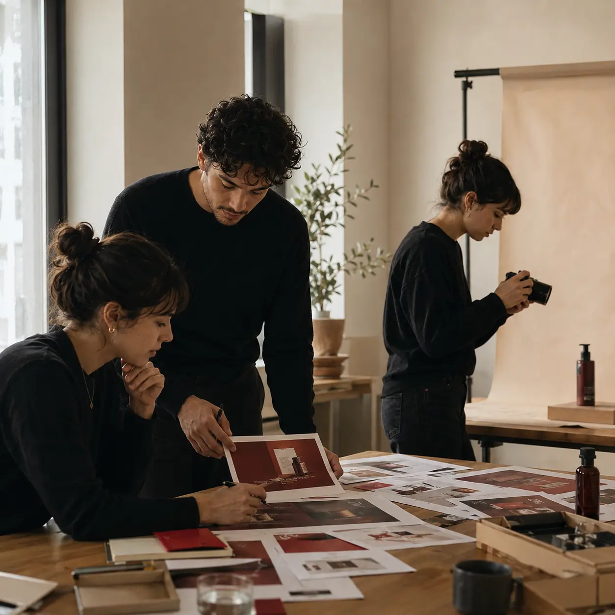 Production team photographing a product and reviewing advertising visual and copy variations.
